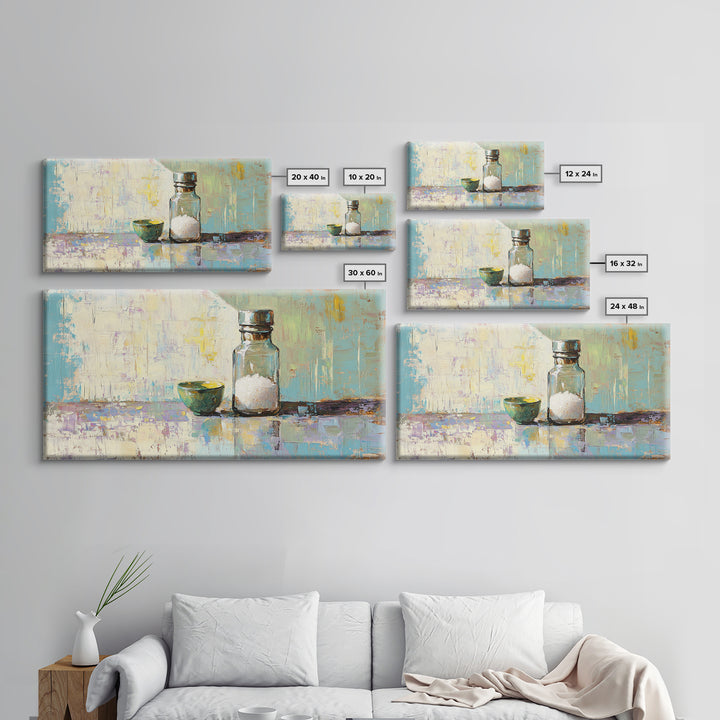 Sunlit Salt Bottle And Green Bowl Canvas Print, Minimalist Kitchen Wall Art, Coastal Neutral Decor, Modern Home Decor Gift