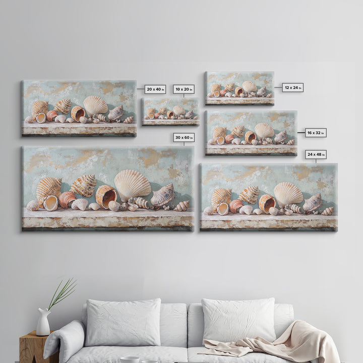 Neutral Seashell Still Life Framed Canvas Print, Coastal Wall Art, Beach House Decor, Ocean Wall Decor, Large Art Print Gift