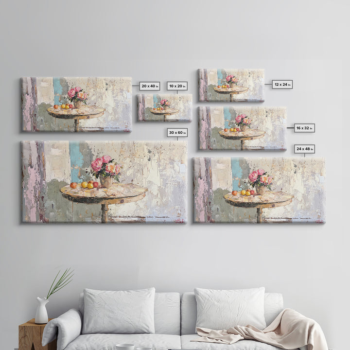 Round Cafe Table With Roses And Fruit Wall Art, French Country Kitchen Decor, Floral Still Life Canvas Print, Housewarming Gift