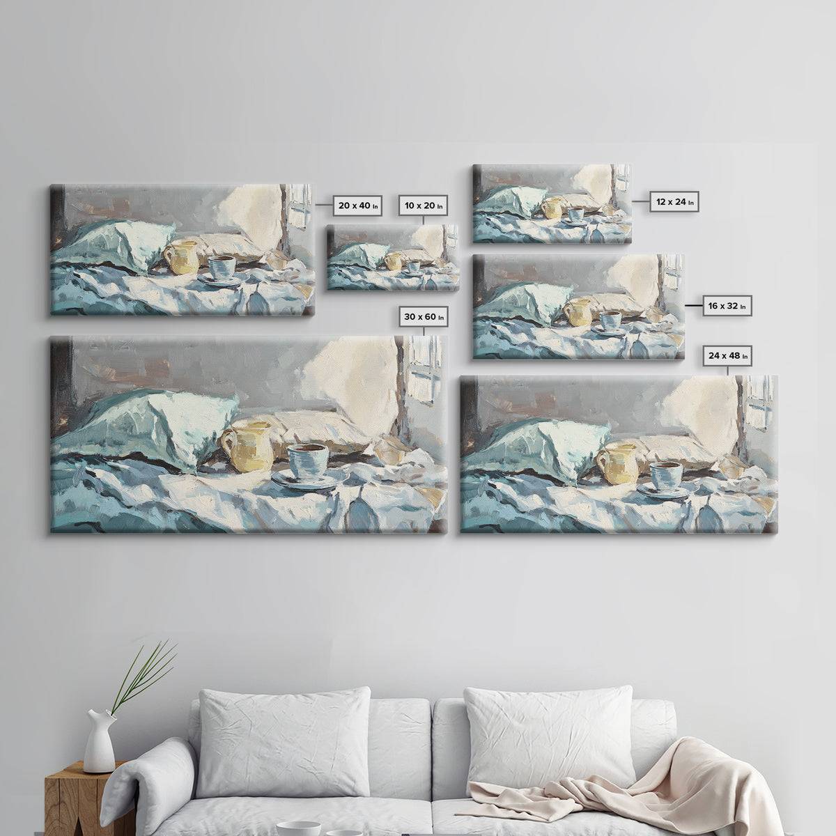 Morning Coffee In Bed With Blue Linens Wall Art, Cozy Bedroom Canvas Print, Guest Room Decor, Above Bed Art Gift For Her