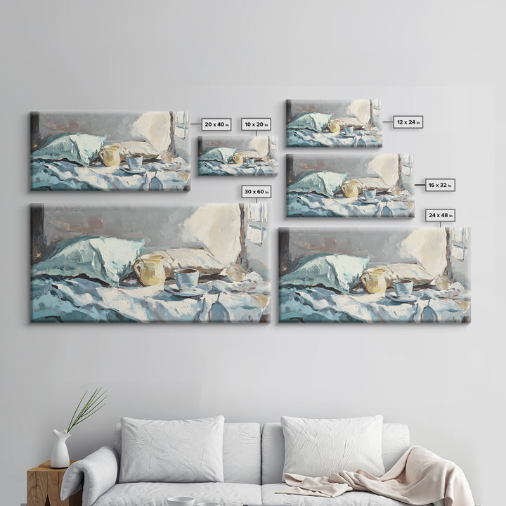Morning Coffee In Bed With Blue Linens Wall Art, Cozy Bedroom Canvas Print, Guest Room Decor, Above Bed Art Gift For Her
