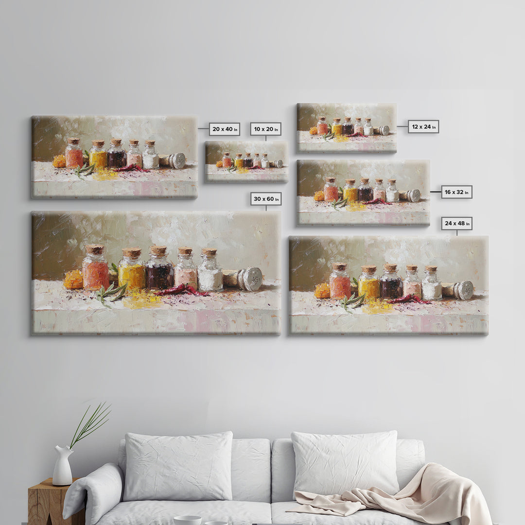 Kitchen Spice Bottles With Chili And Herbs Wall Art, Rustic Canvas Print, Foodie Kitchen Decor, Dining Room Art Gift For Chef