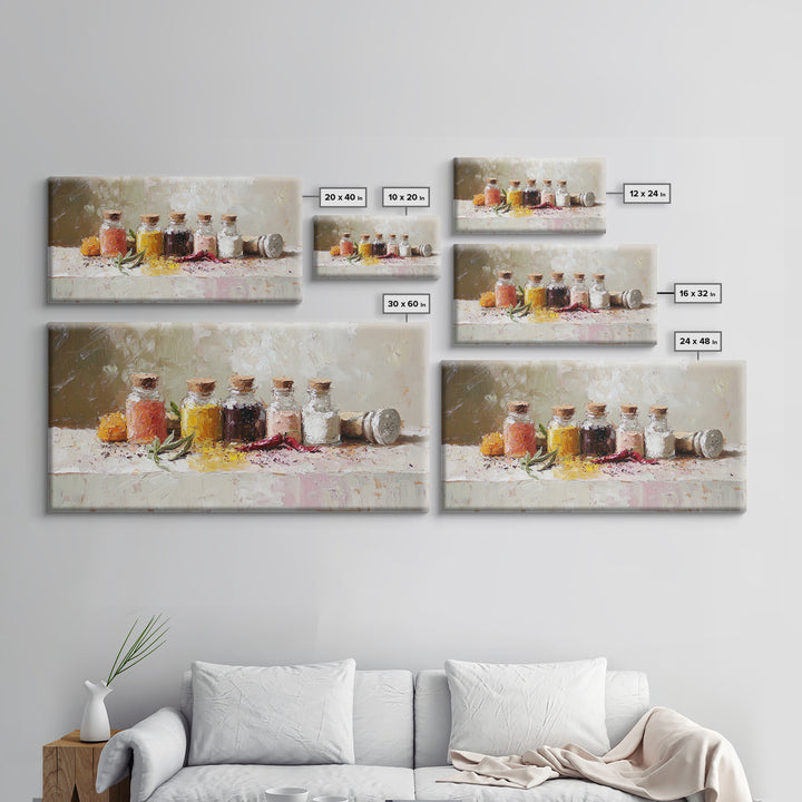 Kitchen Spice Bottles With Chili And Herbs Wall Art, Rustic Canvas Print, Foodie Kitchen Decor, Dining Room Art Gift For Chef