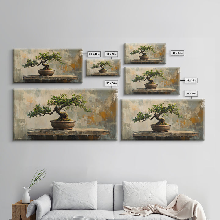 Textured Bonsai Tree In Rustic Pot Framed Canvas Print, Japandi Zen Home Decor, Nature Wall Art, Office Decor Housewarming Gift