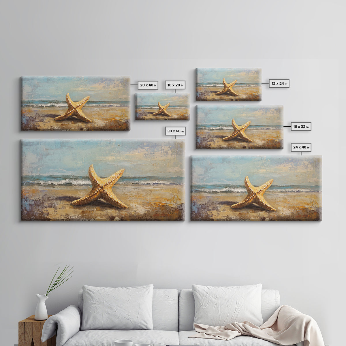 Golden Starfish On Sandy Beach Canvas Print, Coastal Wall Art, Ocean Wall Decor, Beach House Decor, Summer Home Decor Gift