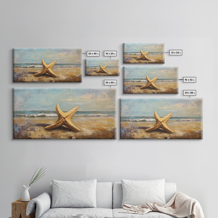 Golden Starfish On Sandy Beach Canvas Print, Coastal Wall Art, Ocean Wall Decor, Beach House Decor, Summer Home Decor Gift
