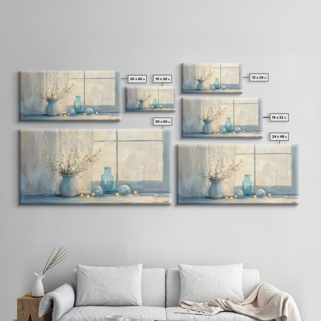 Soft Blue Window Still Life With Vase Canvas Print, Calming Wall Art, Cozy Bedroom Decor, Neutral Home Decor Gift For Her