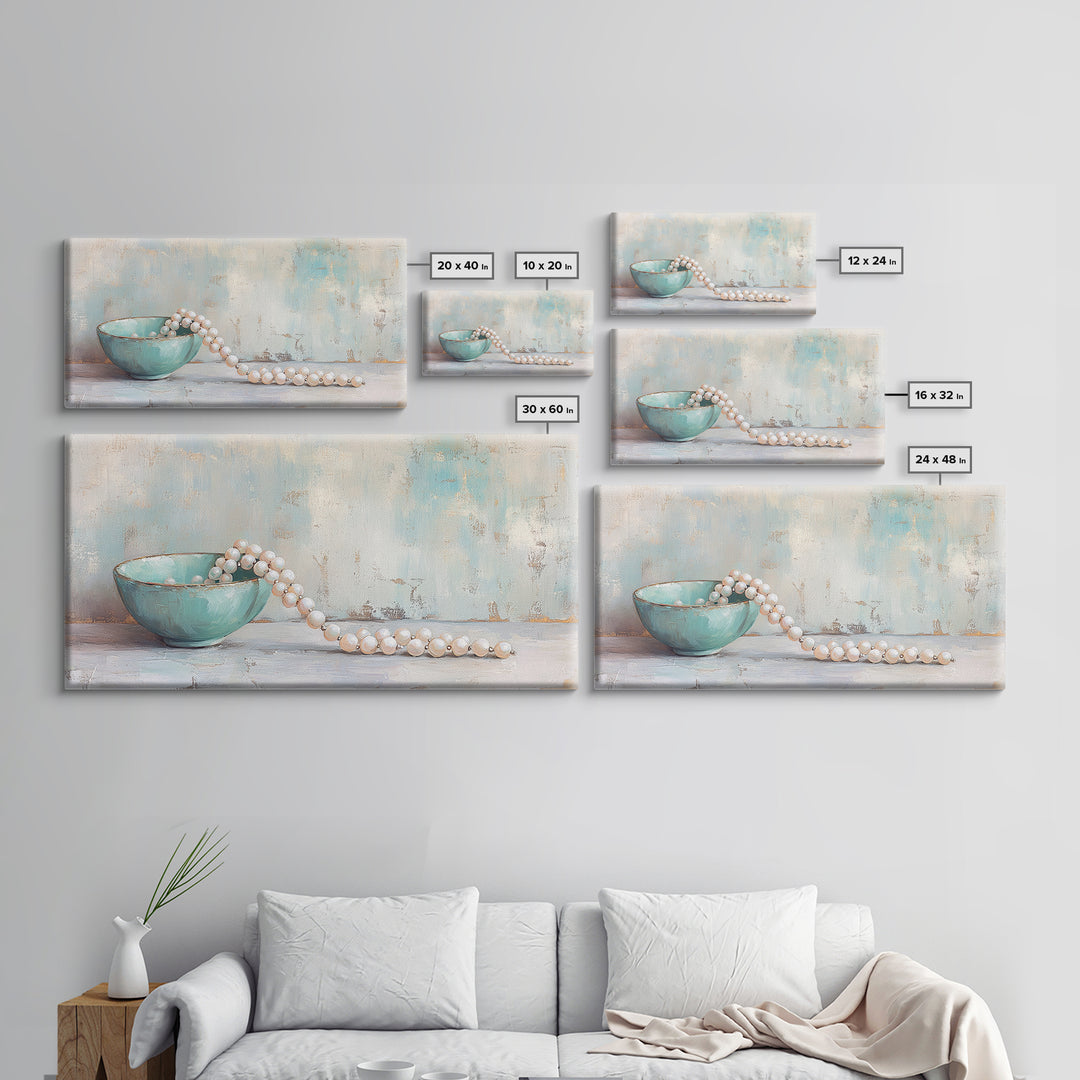 Turquoise Bowl With Pearl Strand Wall Art, Feminine Still Life Art Print, Coastal Bathroom Decor, Elegant Home Decor Gift