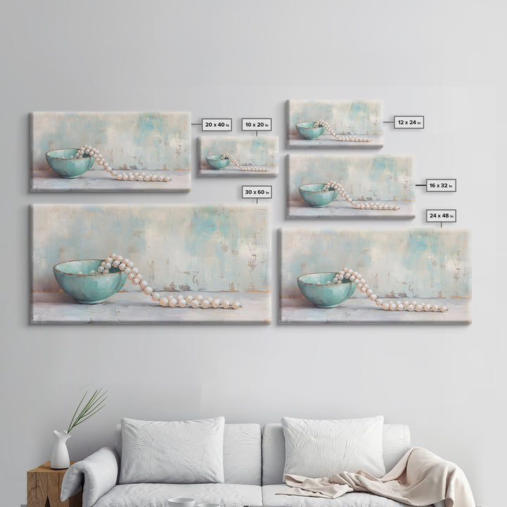 Turquoise Bowl With Pearl Strand Wall Art, Feminine Still Life Art Print, Coastal Bathroom Decor, Elegant Home Decor Gift