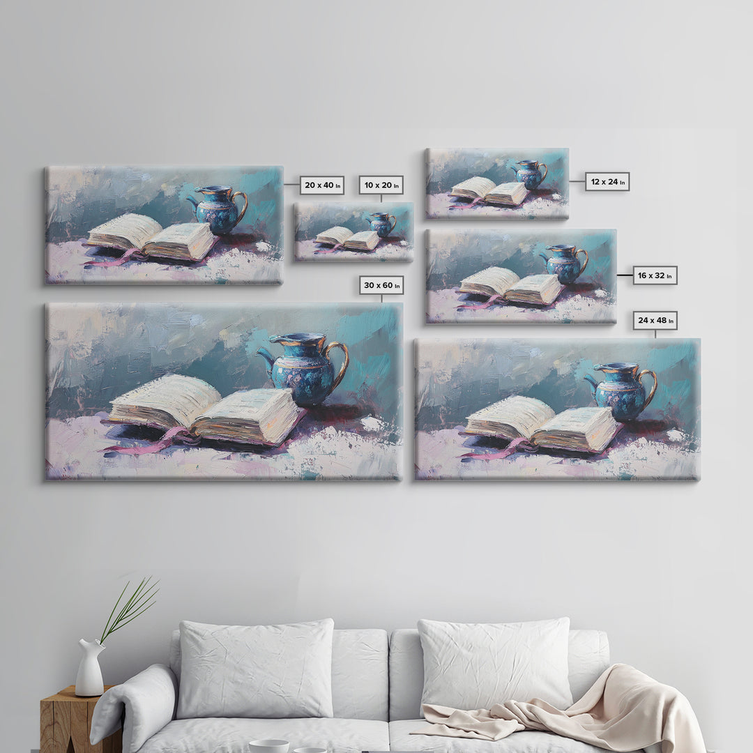 Open Book And Blue Pitcher Wall Art, Cozy Library Home Decor, Reading Nook Art Print, Book Lover Framed Canvas Print Gift