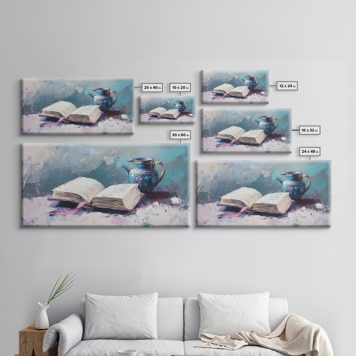 Open Book And Blue Pitcher Wall Art, Cozy Library Home Decor, Reading Nook Art Print, Book Lover Framed Canvas Print Gift