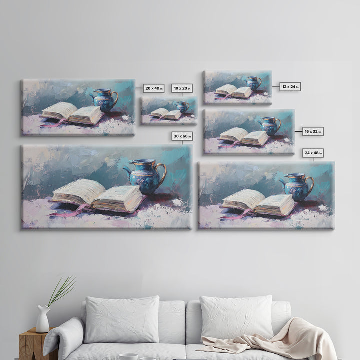 Open Book And Blue Pitcher Wall Art, Cozy Library Home Decor, Reading Nook Art Print, Book Lover Framed Canvas Print Gift