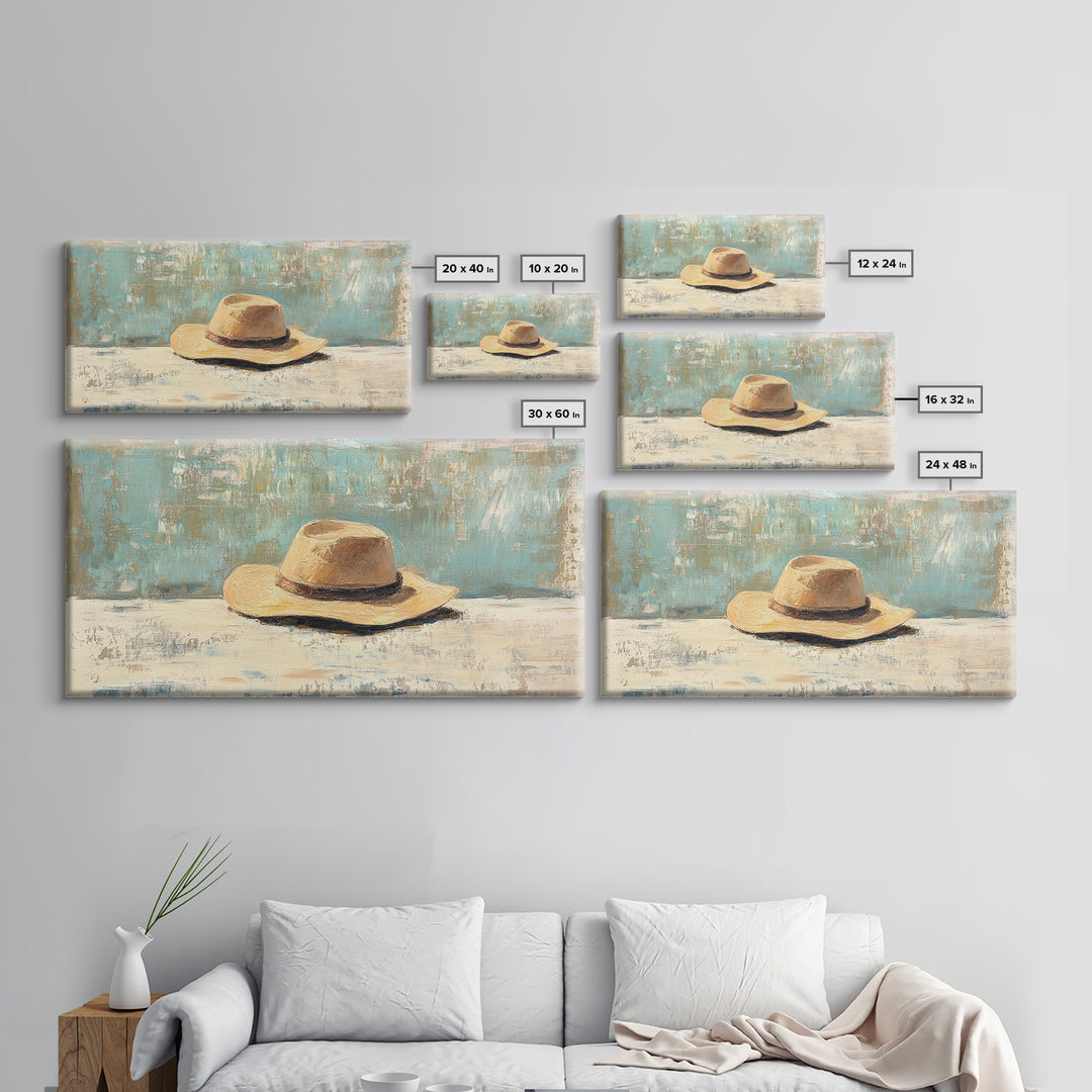Rustic Straw Cowboy Hat Wall Art, Western Home Decor, Farmhouse Country Art Print, Masculine Framed Canvas Print Gift For Him