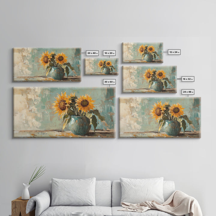 Sunflowers In Turquoise Pitcher Wall Art, Rustic Floral Decor, Country Kitchen Art Print, Farmhouse Framed Canvas Print Gift