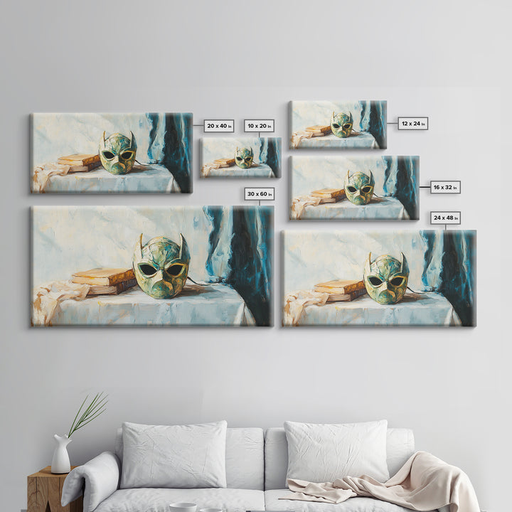 Green Masquerade Mask And Books Wall Art, Gothic Library Decor, Fantasy Dark Academia Art Print, Framed Canvas Print Gift