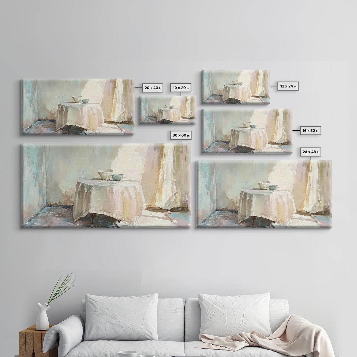 Sunlit Table With Teacups Wall Art, Minimalist Neutral Decor, Cozy Dining Room Art Print, Japandi Framed Canvas Print Gift
