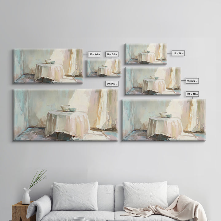 Sunlit Table With Teacups Wall Art, Minimalist Neutral Decor, Cozy Dining Room Art Print, Japandi Framed Canvas Print Gift
