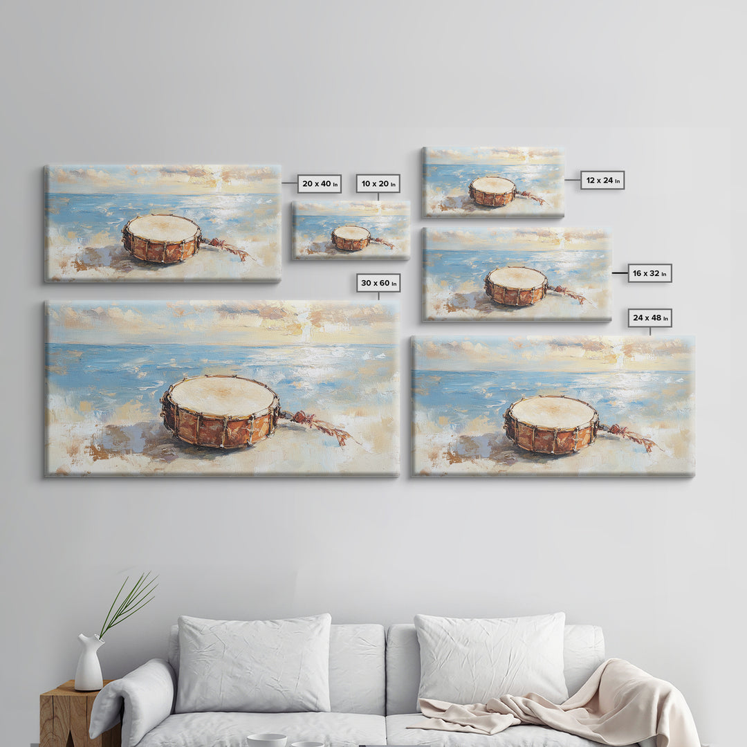 Weathered Beach Drum At Sunrise, Coastal Seascape Framed Canvas Print, Ocean Wall Art, Nautical Decor, Beach House Decor Gift