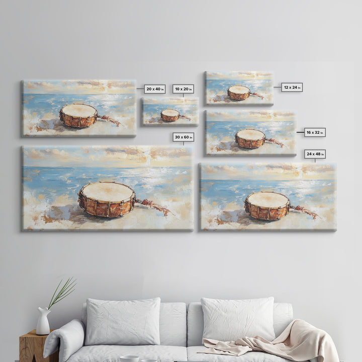 Weathered Beach Drum At Sunrise, Coastal Seascape Framed Canvas Print, Ocean Wall Art, Nautical Decor, Beach House Decor Gift