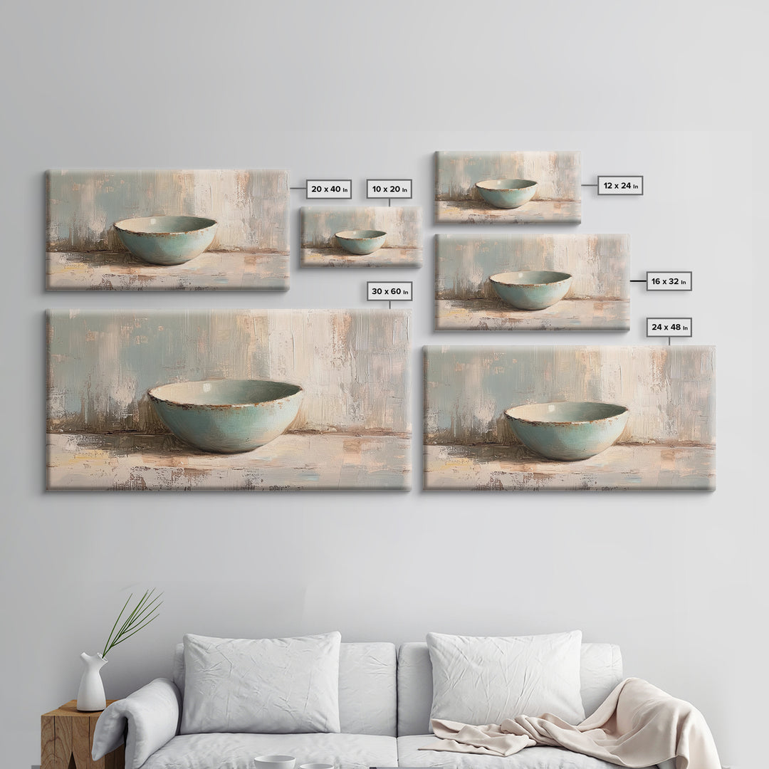Turquoise Ceramic Bowl Still Life, Minimalist Framed Canvas Print, Neutral Wall Art, Wabi Sabi Decor, Modern Kitchen Art