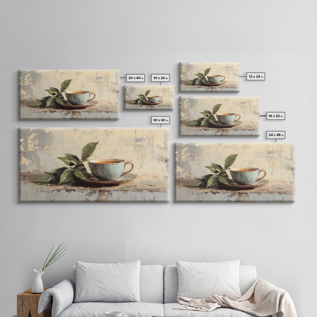 Leafy Coffee Cup Still Life, Rustic Kitchen Canvas Print, Botanical Wall Art, Coffee Bar Decor, Neutral Home Decor Housewarming Gift