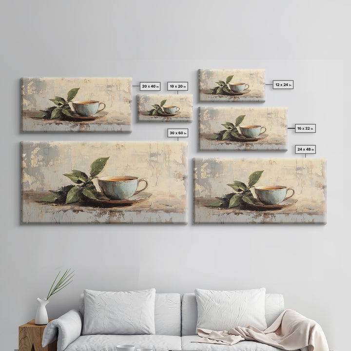 Leafy Coffee Cup Still Life, Rustic Kitchen Canvas Print, Botanical Wall Art, Coffee Bar Decor, Neutral Home Decor Housewarming Gift