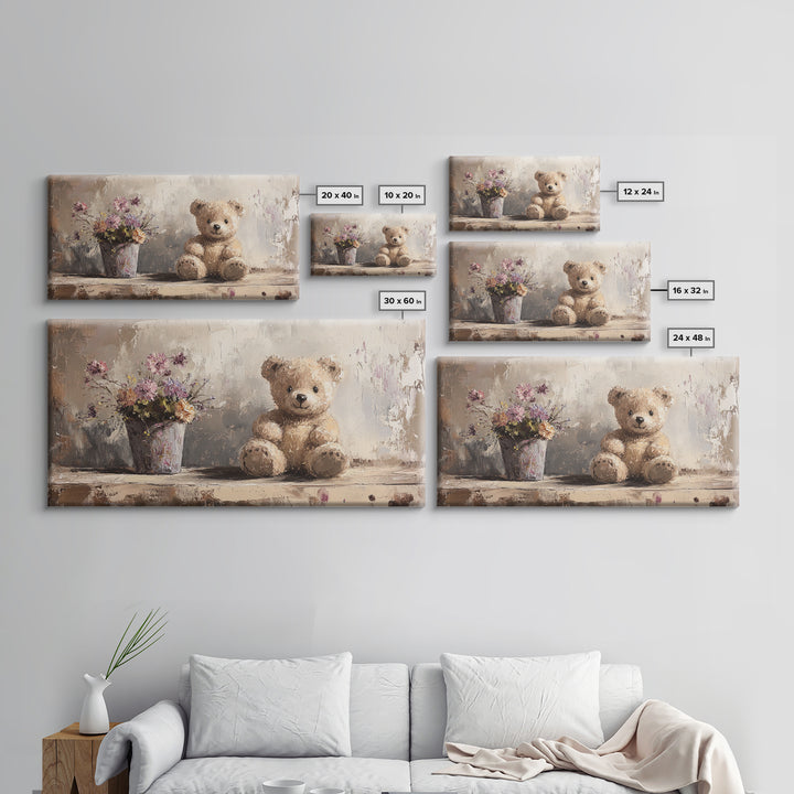 Teddy Bear With Wildflowers, Sweet Nursery Framed Canvas Print, Whimsical Wall Art, Kids Room Decor, Cute Baby Shower Gift