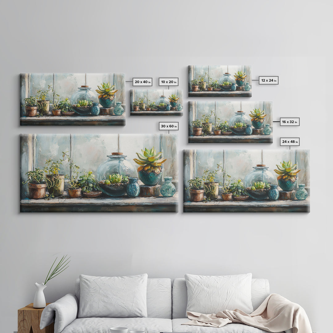 Sunlit Succulent And Potted Plant Wall Art, Botanical Canvas Print, Boho Plant Decor, Nature Inspired Home Decor, Living Room Decor