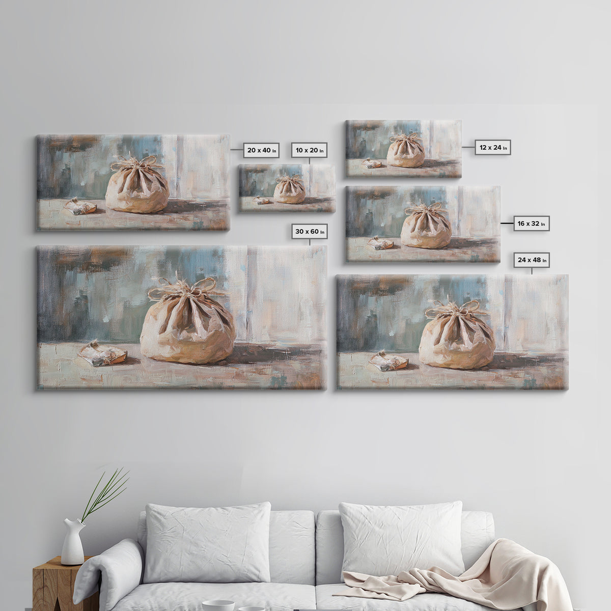 Knotted Linen Bundle Still Life Wall Art, Neutral Rustic Home Decor, Wabi Sabi Canvas Print, Minimalist Kitchen Wall Decor