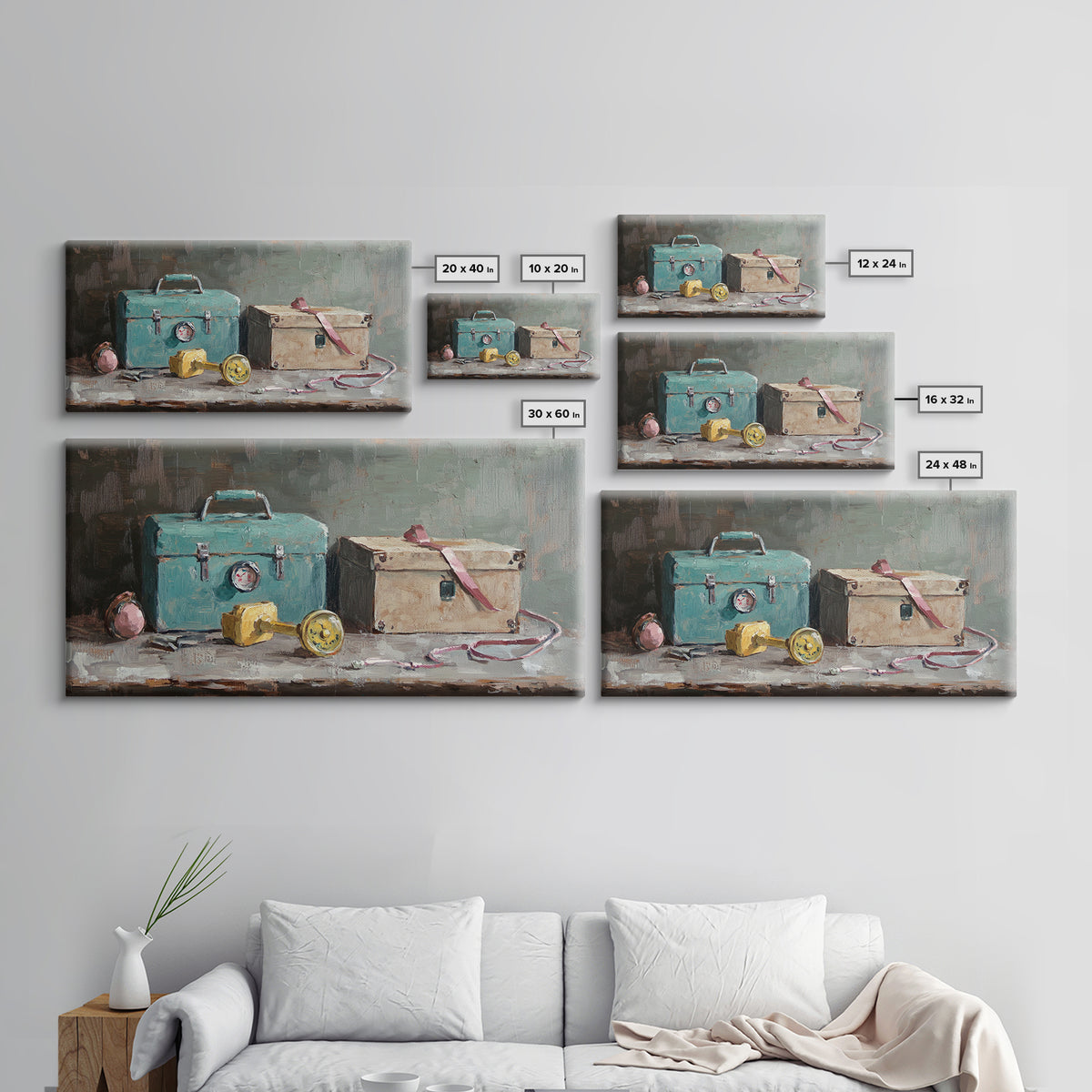 Turquoise Toolbox And Cardboard Box Wall Art, Industrial Still Life Canvas Print, Garage Decor, Workshop Office Decor, Gift For Him