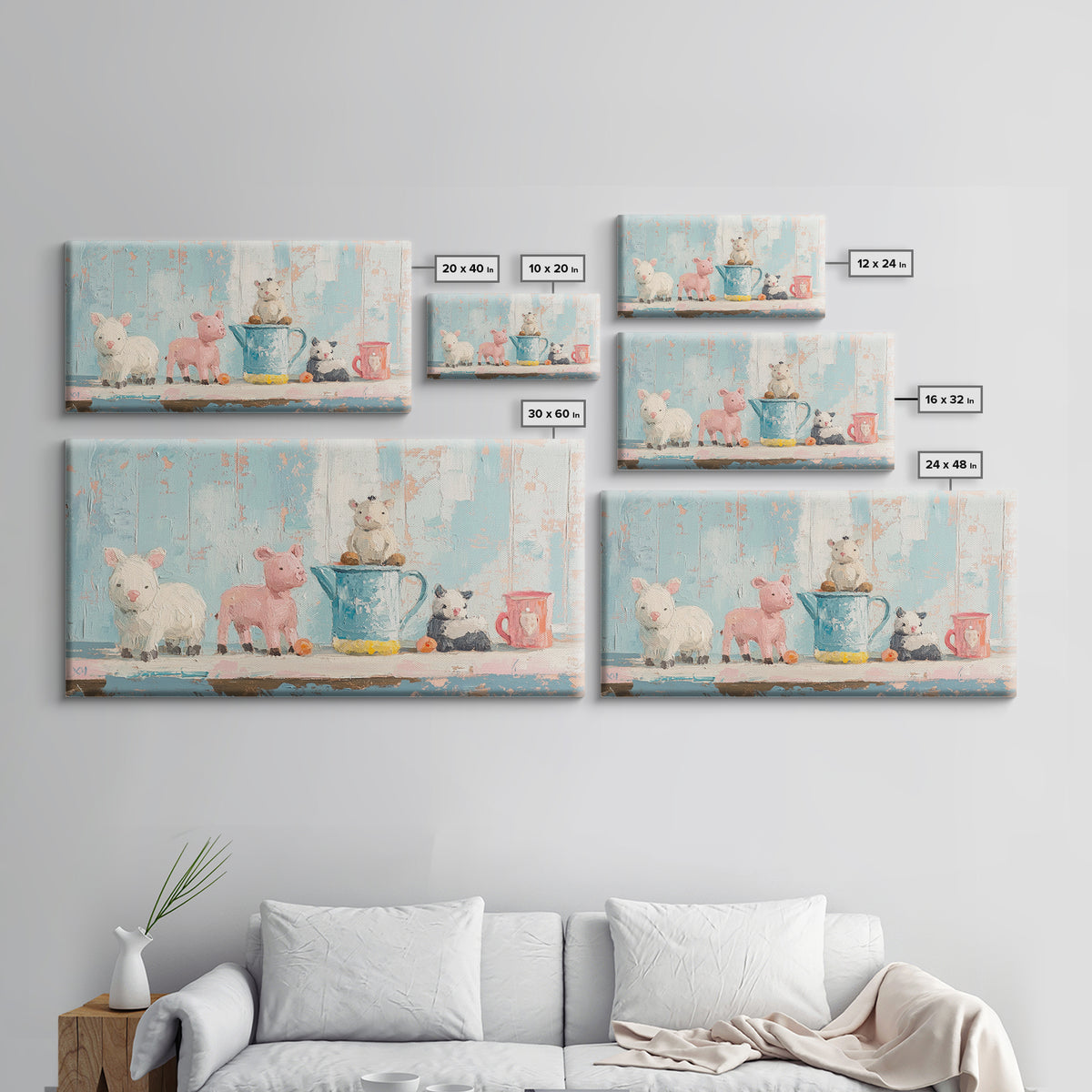 Sweet Farm Animal Toys On Shelf Wall Art, Whimsical Nursery Canvas Print, Kids Room Decor, Baby Animal Art, Gift, Playroom Decor