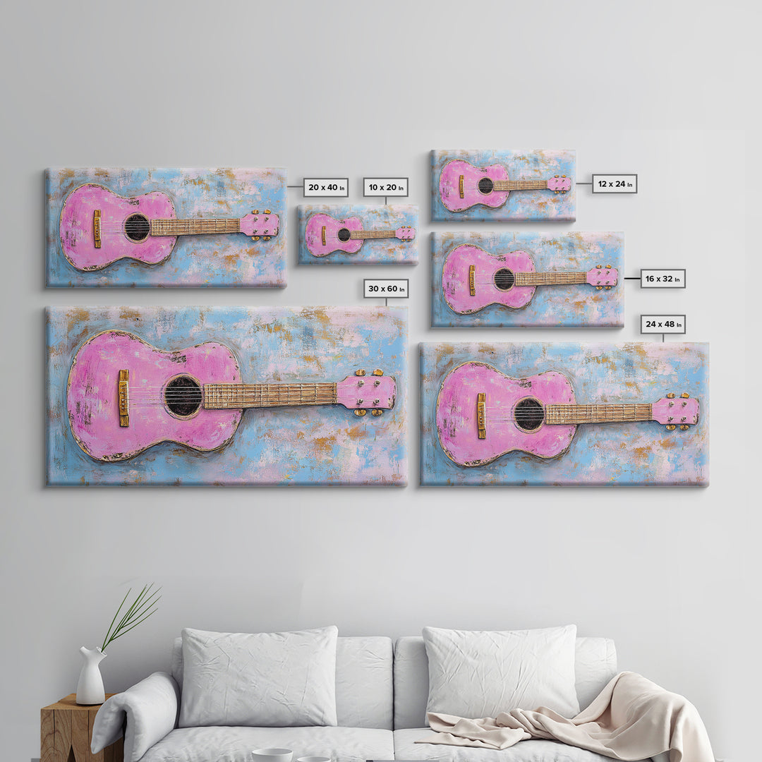 Pink Acoustic Guitar Painting Canvas Print, Music Studio Wall Art, Retro Music Room Decor, Gift For Guitar Lover And Home Decor