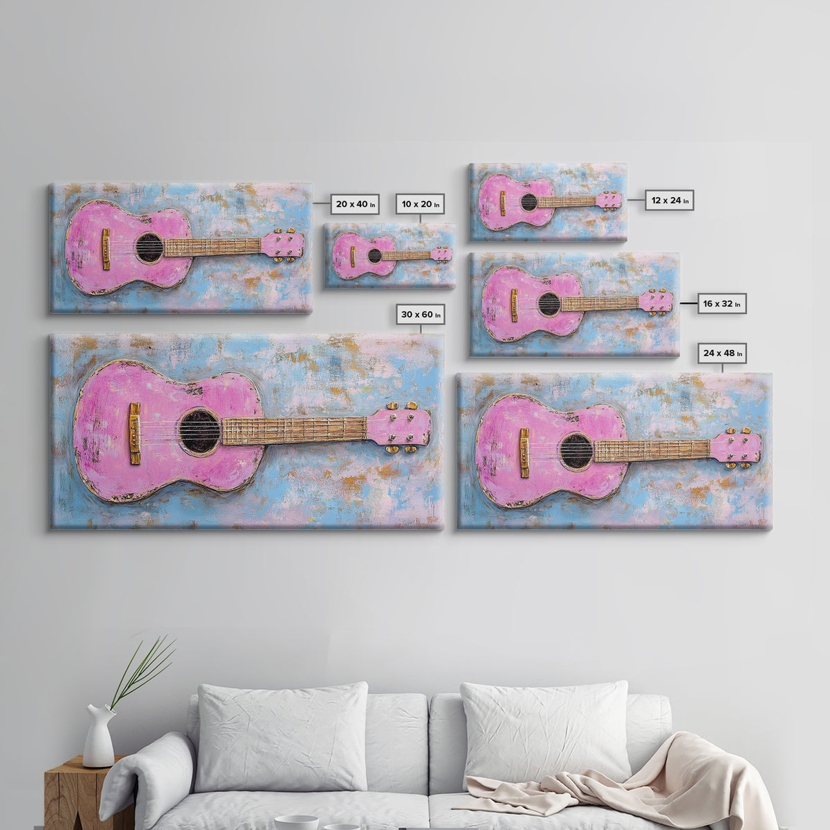 Pink Acoustic Guitar Painting Canvas Print, Music Studio Wall Art, Retro Music Room Decor, Gift For Guitar Lover And Home Decor