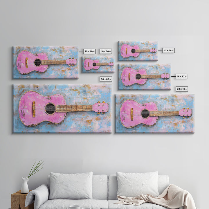 Pink Acoustic Guitar Painting Canvas Print, Music Studio Wall Art, Retro Music Room Decor, Gift For Guitar Lover And Home Decor