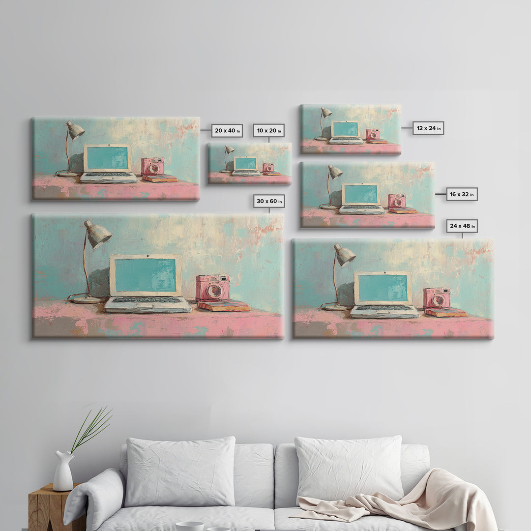 Pastel Laptop Lamp And Camera Desk Wall Art, Home Office Decor, Tech Lover Art Print, Modern Study Room Canvas Print For Apartment Decor