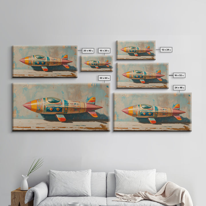 Retro Tin Toy Rocket Framed Canvas Print, Space Wall Art, Sci Fi Nursery Decor, Boys Room Art Gift For Space Lover Retro Space Decor