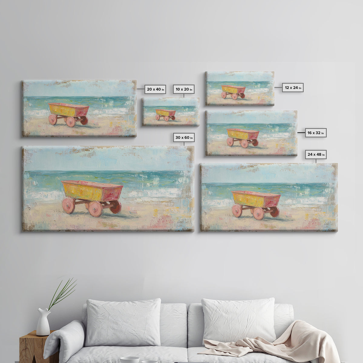 Yellow Beach Wagon Canvas Print, Coastal Wall Art, Beach House Decor, Ocean Wall Decor, Summer Nursery Art, Housewarming Gift