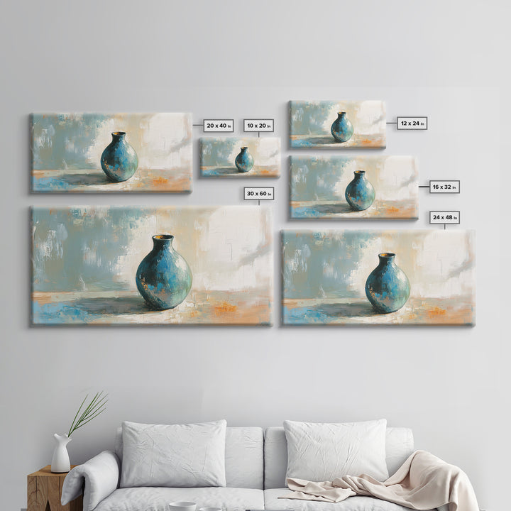 Turquoise Ceramic Vase Still Life Framed Canvas Print, Neutral Wall Art, Modern Home Decor, Living Room Decor, Housewarming Gift