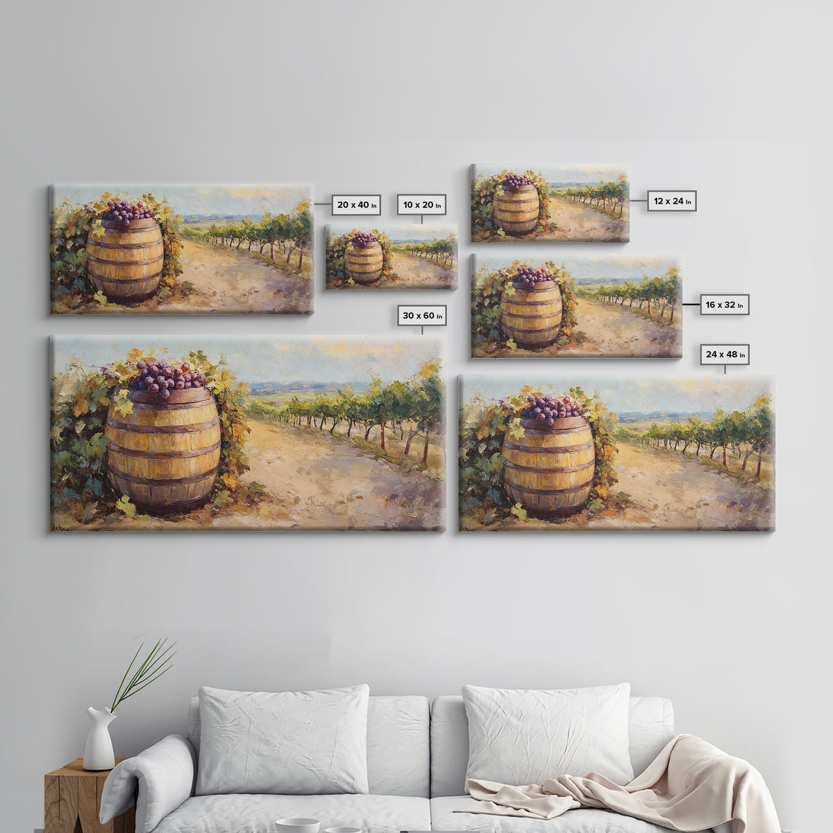 Wine Barrel And Grapes Vineyard Landscape Canvas Print, Winery Wall Art, Rustic Kitchen Decor, French Country Decor, Gift For Wine Lover