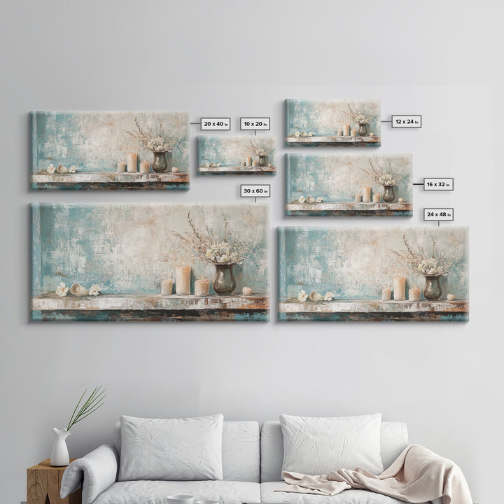 Candles Flowers And Seashell Still Life Canvas Print, Coastal Wall Art, Spa Decor, Neutral Bathroom Decor, Calming Wall Art