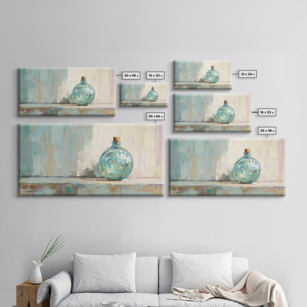Aqua Glass Bottle Still Life Framed Canvas Print, Coastal Wall Art, Minimalist Decor, Modern Home Decor, Housewarming Gift