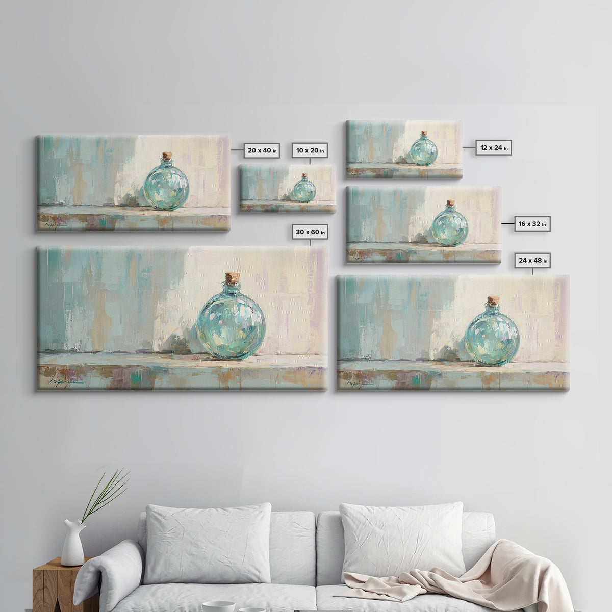 Aqua Glass Bottle Still Life Framed Canvas Print, Coastal Wall Art, Minimalist Decor, Modern Home Decor, Housewarming Gift