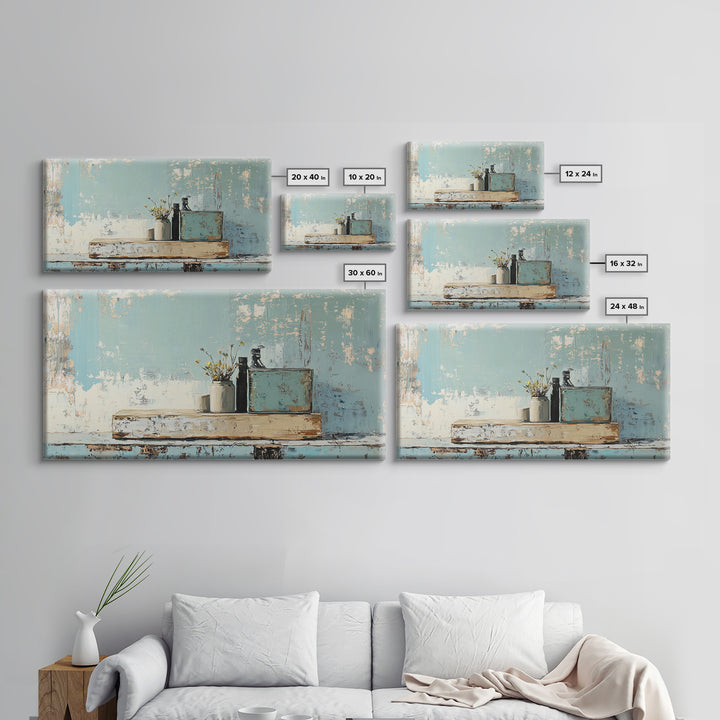 Rustic Blue Shelf Still Life Wall Art, Textured Coastal Farmhouse Kitchen Decor, Neutral Living Room Art Print, Housewarming Gift