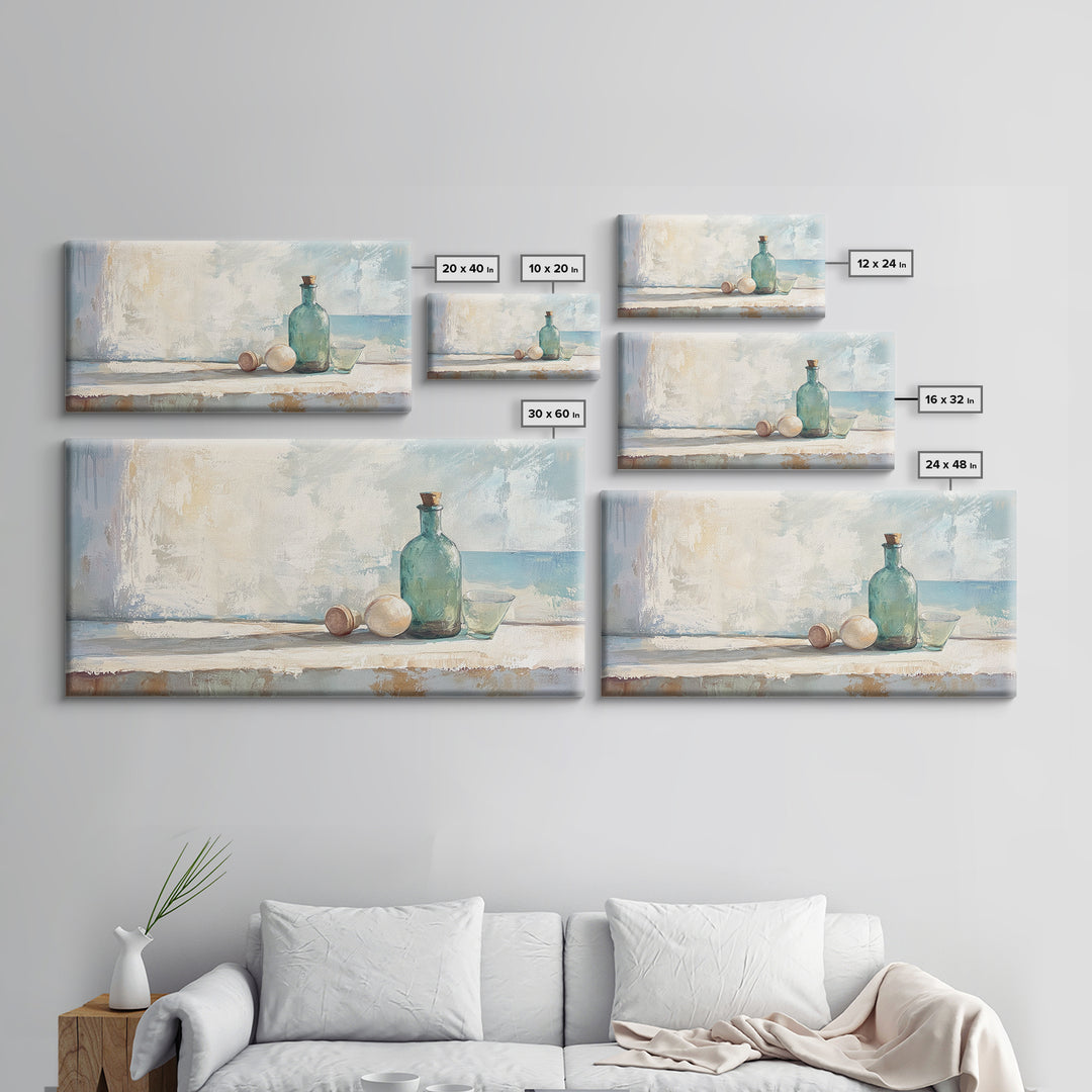 Sea Glass Bottle And Eggs Wall Art, Minimalist Coastal Kitchen Decor, Neutral Still Life Canvas Print, Beach House Decor Gift