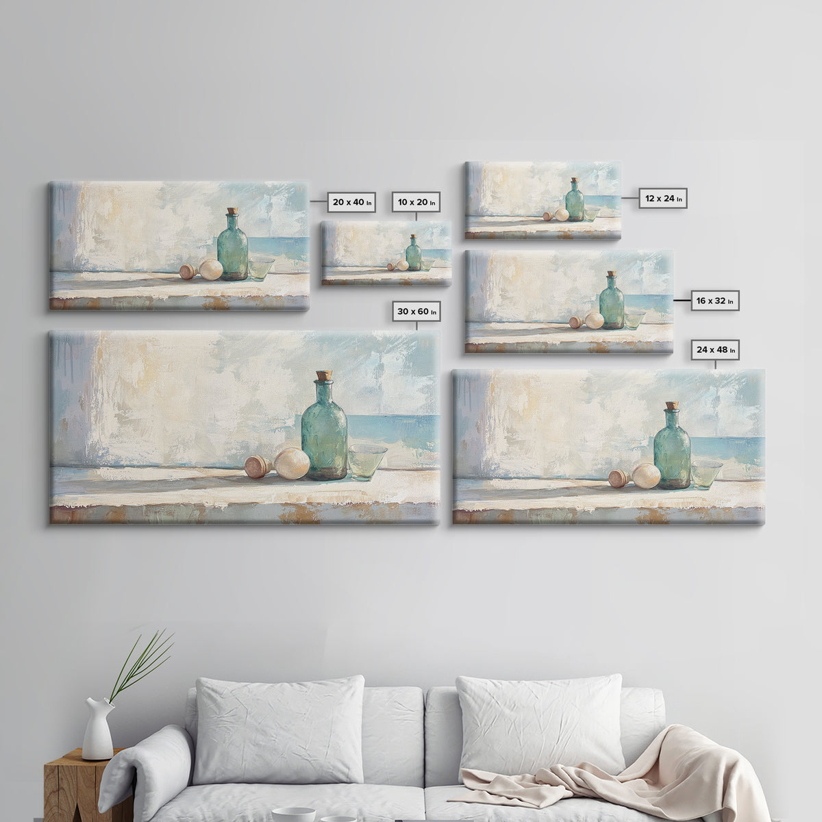 Sea Glass Bottle And Eggs Wall Art, Minimalist Coastal Kitchen Decor, Neutral Still Life Canvas Print, Beach House Decor Gift