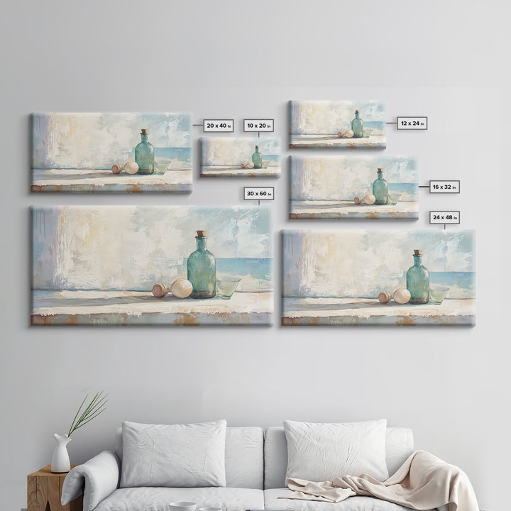 Sea Glass Bottle And Eggs Wall Art, Minimalist Coastal Kitchen Decor, Neutral Still Life Canvas Print, Beach House Decor Gift