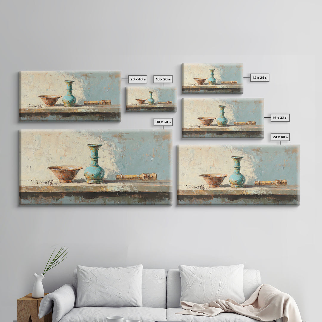 Turquoise Vase And Rustic Bowl Wall Art, Textured Still Life Canvas Print, Neutral Farmhouse Decor For Living Room Housewarming Gift
