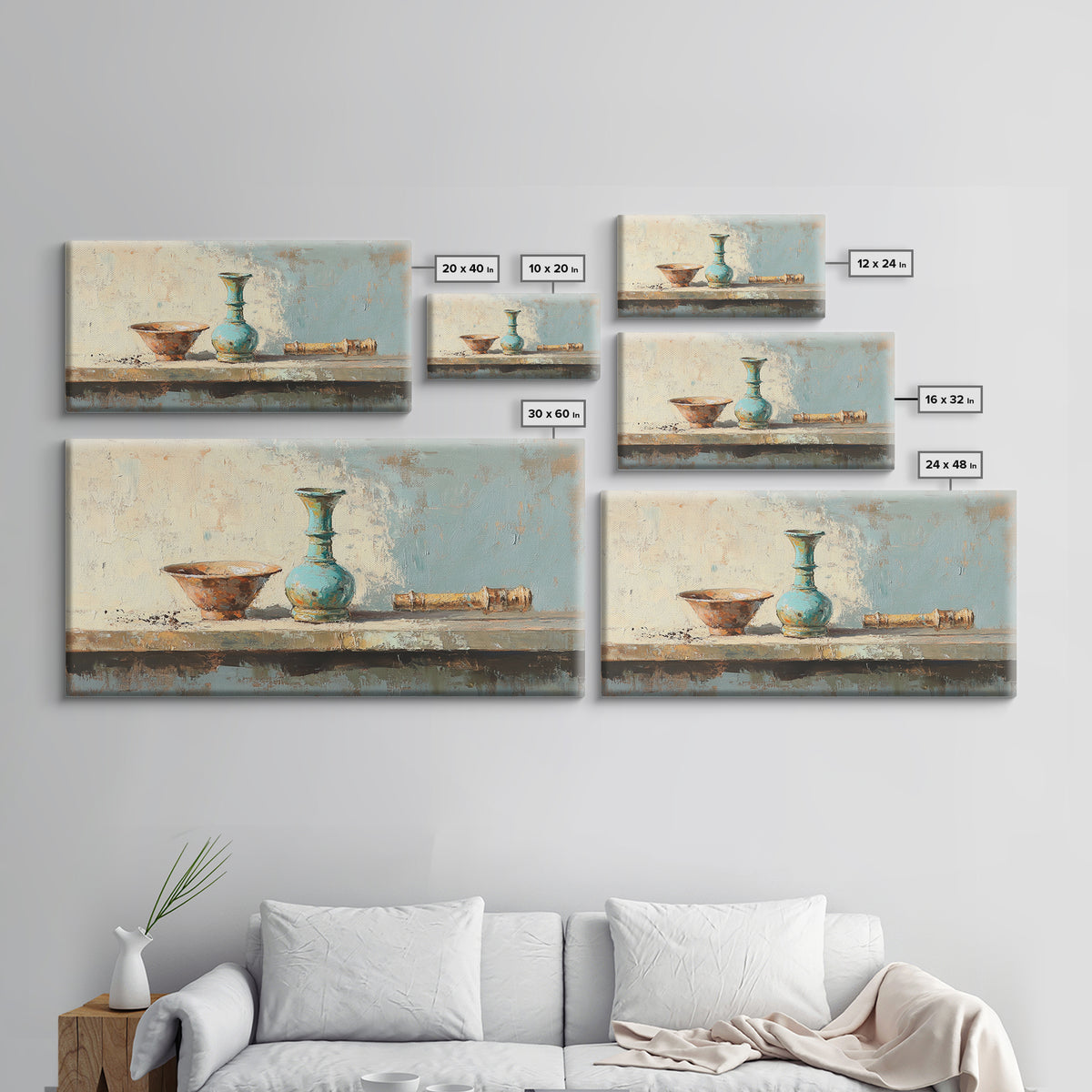 Turquoise Vase And Rustic Bowl Wall Art, Textured Still Life Canvas Print, Neutral Farmhouse Decor For Living Room Housewarming Gift