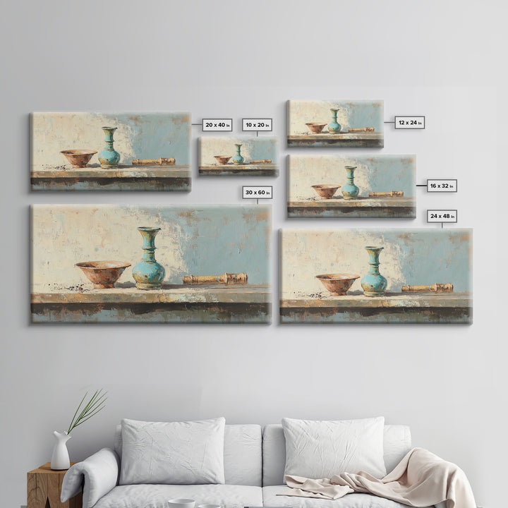Turquoise Vase And Rustic Bowl Wall Art, Textured Still Life Canvas Print, Neutral Farmhouse Decor For Living Room Housewarming Gift