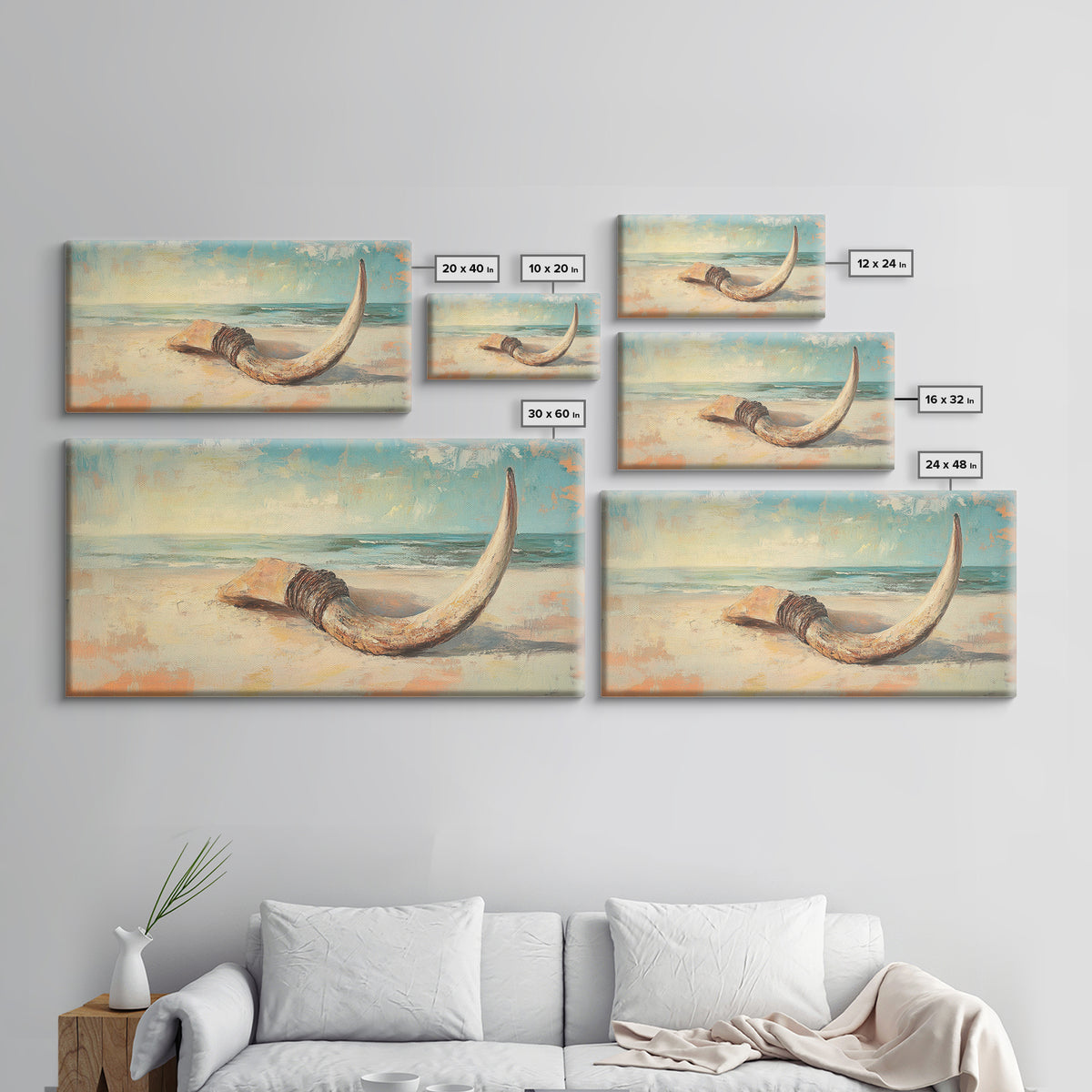 Weathered Horn On Sandy Shore Wall Art, Coastal Beach House Decor, Nautical Canvas Wall Art, Rustic Seascape Gift For Living Room Decor